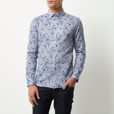 Blue paisley print slim fit shirt